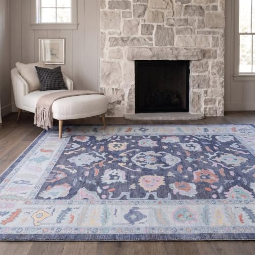 Fame Rugs Modern Oushak Rug 2x3, Vintage Turkish Navy Blue Oriental Antique Inspired Area Rugs, Washable Foldable Luxury Living Room Bedroom (388NB, 2' x 3')