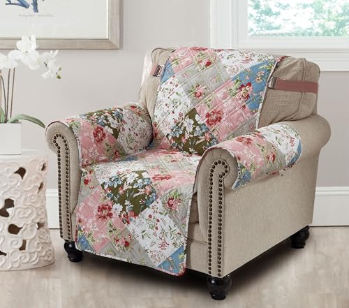 Brilliant Sunshine Peach and Olive Flowers Couch Armchair Cover, Patchwork Design, Sofa Cover for Dogs, Slip Resistant Furniture Protector with Strap, Washable Slipcover for Kids and Pets (23" seat)