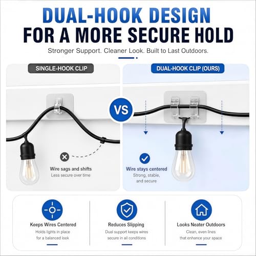 50 Pack Outdoor Light Hooks with Adhesive – Weatherproof & UV-Resistant, No Damage, No Tools Needed, Easy Hanging Clips for Garden, Patio, Balcony, Fairy Lights, Christmas Decorations