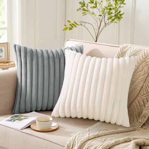Pallene Faux Fur Plush Fall Throw Pillow Covers 18x18 Set of 2, Luxury Soft Fluffy Striped Decorative Pillow Covers for Sofa, Couch, Living Room, Cream White