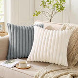 Pallene Faux Fur Plush Fall Throw Pillow Covers 18x18 Set of 2, Luxury Soft Fluffy Striped Decorative Pillow Covers for Sofa, Couch, Living Room, Cream White