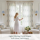 Pinch Pleated Curtains for Living Room Bedroom Dining Room - 84 Inches Light Filtering Floral Curtains Luxury Linen Drapes Farmhouse Window Curtains with Hooks - 2 Panels Set, 40" W x 84" L