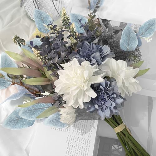 Artificial Flowers Bouquet, Silk Flowers Blue Fake Flowers Arrangement Faux Flowers for Home Decor, Vase Arrangement, Wedding Bouquets, Table Centerpieces Decor (Blue White No Vase)