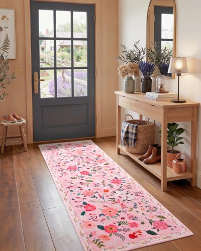 Floral Area Rug for Kitchen, Washable 2x6 Pink Runner Rugs