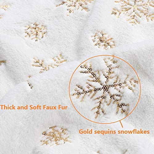 LOMOHOO Christmas Tree Skirt Large White&Gold Luxury Faux Fur with Snowflakes Tree Skirt Christmas Decorations Plush Tree Skirts Xmas Ornaments (36 inches/90cm)