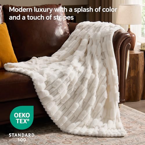 BEDELITE Faux Fur Cream Throw Blanket for Couch - Super Soft & Cozy Plush Striped Blanket for Sofa and Room Decor, Luxury Fluffy All-Season Blankets Gift for Women, Men, Mom, Dad, 50x60 inch, Cream