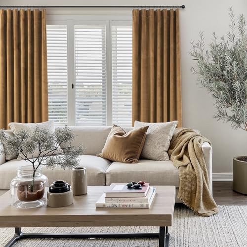 Velvet Curtains 84 Inch Length 2 Panels Set Gold Brown Light Blocking Thermal Insulated Room Darkening Window Drapes Soft Luxury Curtain for Living Room Bedroom Back Tab Pleated Pocket 7ft Long Golden