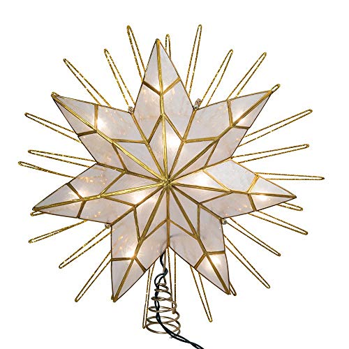 Kurt Adler 12" 7-Point Natural Capiz Lighted Tree Topper | Christmas Tree Star Topper | Gold Tree Topper Star with Lights | Light Up Star Christmas Tree Topper w/Wire Rays Accent (12 Inches, Gold)