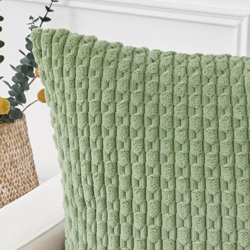 Kevin Textile 2 Packs Spring Decorative Throw Pillow Covers 18x18 Inch for Living Room Couch Bed Spring Sofa Soft Striped Corduroy Square Cushion Case 45x45 cm Farmhouse Boho Home Decor Sage Green