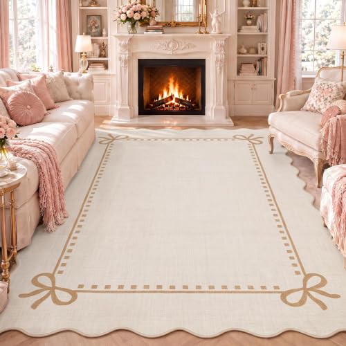 Garvee Scalloped Bow Rug for Living Room Washable Solid Beige 5x7 Area Rugs