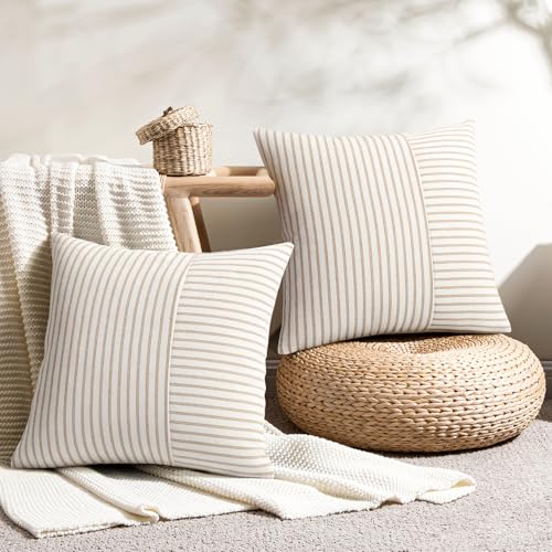 YCOLL Farmhouse Pillow Covers 16x16, Modern Accent Square Throw Pillow Covers Set of 2, Khaki and Beige Striped Patchwork Linen Decorative Pillows Cushion Covers for Couch Chair Bedroom Home Decor