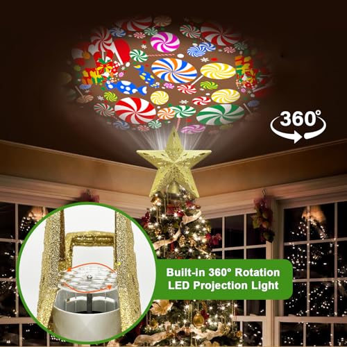 10" Christmas Tree Topper Projector with 6 Projection Modes, Built-in LED Rotating Light, 3D Glitter Dynamic Projector Light Up Tree Topper Star for Xmas Holiday Party Decorations Gifts (Gold)