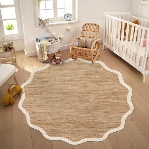 GarveeHome Scalloped Round Washable Rug 5ft Soft Non Slip, Light Brown