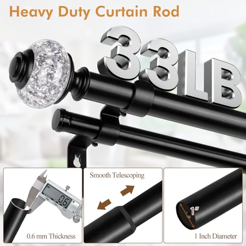 1 Inch Black Double Curtain Rod for Windows 66 to 120 Inches (5.5 to 10 Ft), USFOOK Adjustable Curtain Pole, Crystal Window Treatment Rods for Sliding Glass Door, Wall mounted