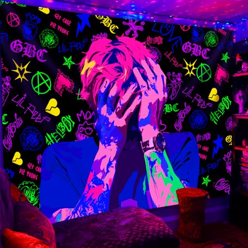 PSYHILAR Lil Peep Tapestry Blacklight, Rapper Black Light Poster for Bedroom, Hip Hop Star Music UV Flag (40 x 30 Inches)