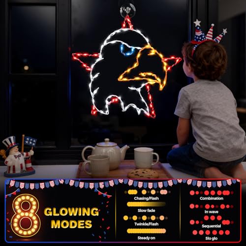 13.7" 4th of July Window Silhouette Light, 4th of July Eagle Decorations with 60 LED Red White Blue Lights, USB Powered with Remote & Timer, Independence Day Decoration for Indoor & Outdoor
