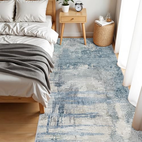 4x10 Modern Abstract Hallway Rug:Washable Wide Runner Rug Blue