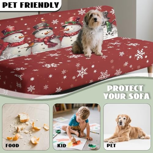 Christmas Futon Cover Armless Snowman Stretch Sofa Slipcover Washable Elastic Armless Couch Furniture Protector for Bedroom Living Room Home Decor