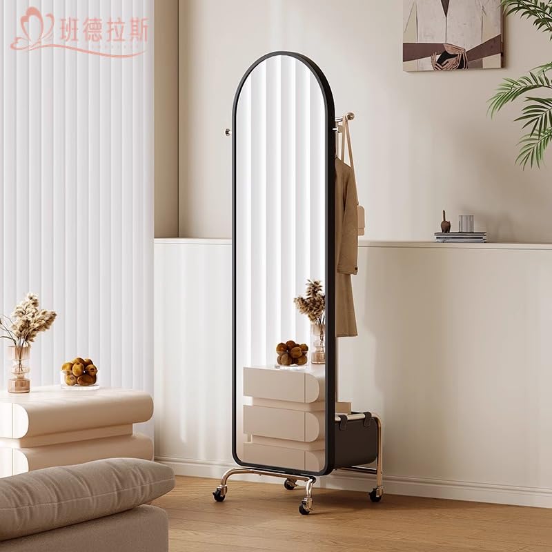 Decorative Full-Length Mirror, Floor-Standing, Household Dressing, Bedroom, Rotatable and Movable Clothes Hanger for Living Room