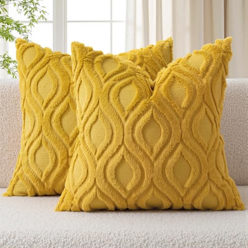 MIULEE Summer Mustard Yellow Throw Pillow Covers 18x18 Inch, Soft Plush Faux Wool Solid Couch Pillows Set of 2, Decorative Farmhouse Boho Cushion Covers for Sofa Living Room Bed Home Decor