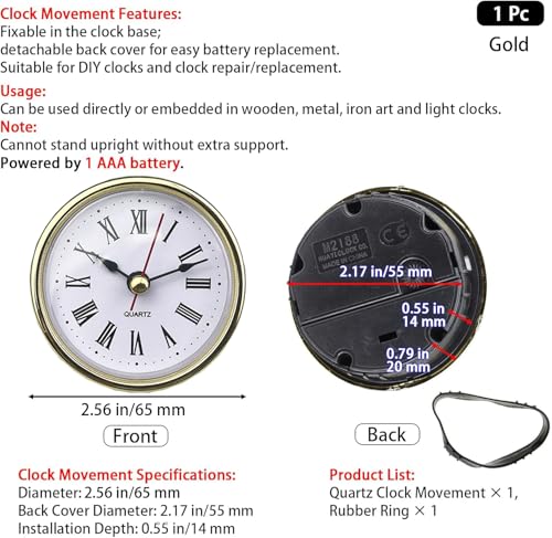 1 Pc Mini 2-1/2 Insert Clock 65mm Round Movement Clock White Face Tone Roman Numerals Head Mini Home Décor Product (Gold)