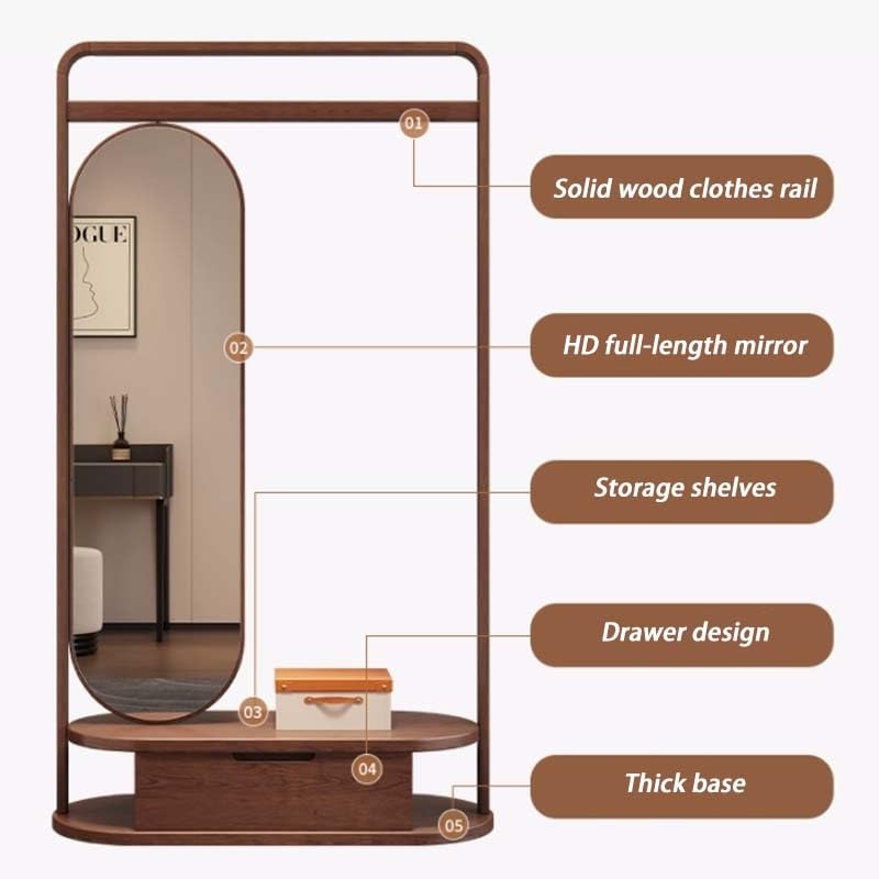 Standing Mirrors All Solid Wood Coat Rack, Floor-Standing, Bedroom, Home, Living Room, Clothes Rack, Dressing Mirror, One-in-One Full-Length Mirror, Clothes Rack(100CM)
