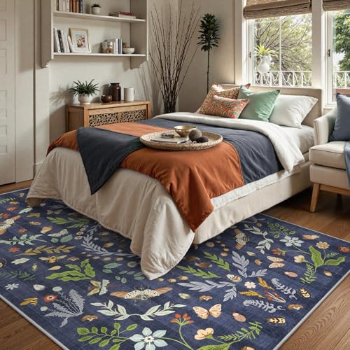 Lahome Washable Insect Botanical 8x10 Area Rugs for Living Room - Machine Washable Non-Slip Navy Blue Nursery Rug, Boho Low Profile Soft Faux Wool Carpet for Bedroom Laundry Playroom Dining Room