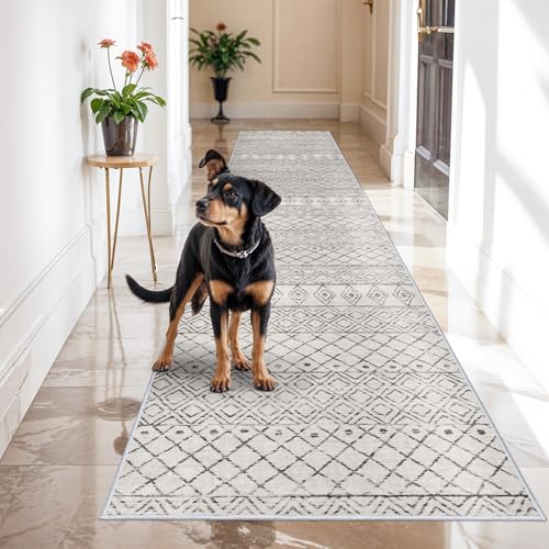 Washable 3x16 Long Hallway Runner:Non Slip Rug Geometric Grey