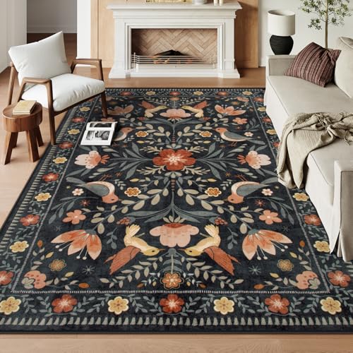 Washable 8x10 Area Rugs for Living Room Non Slip, Boho Botanical Soft Birds Bug Moody Rugs for Bedroom, Ultra-Thin Floral Flower Throw Carpet for Classroom Home Office Dorm Room, Black/Multi