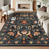 Washable 8x10 Area Rugs for Living Room Non Slip, Boho Botanical Soft Birds Bug Moody Rugs for Bedroom, Ultra-Thin Floral Flower Throw Carpet for Classroom Home Office Dorm Room, Black/Multi
