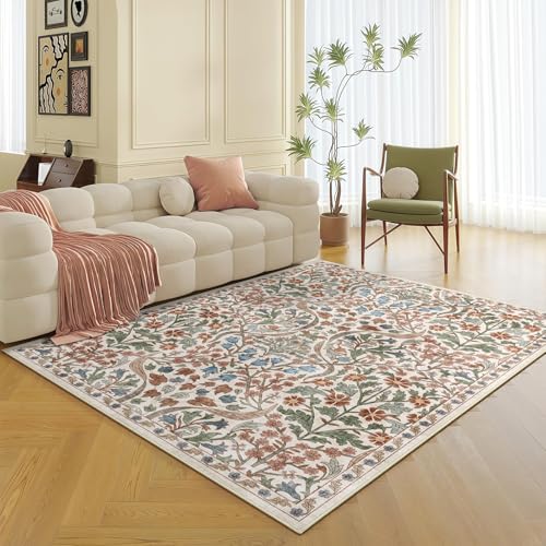 5x8 Washable Area Rug Cream Boho Floral for Living Room Bedroom Nursery