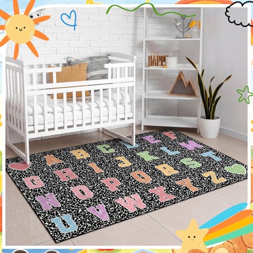 Dunzy 4.92 x 7.55 ft Classroom Rug Composition Notebook Alphabet Rug Pastel Back to School Reading Calming Corner Decor Composition Carpet for Teaching and Playroom