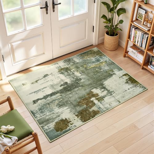 Washable Entryway Rug 2x3, Non-Slip Low Pile Abstract Green
