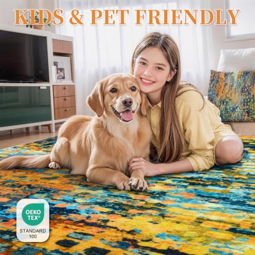 Colorful Blue Orange Abstract 2.6x10 Washable Hallway Runner Rug Non Slip