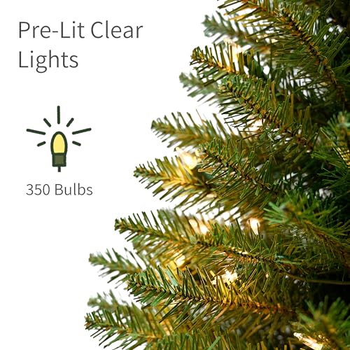 Puleo International 7.5ft Pre-Lit Fraser Fir Pencil Christmas Tree with 350 Clear Lights, 1188 Realistic Dense Branch Tips, Easy Setup Artificial Trees with Sturdy Metal Stand
