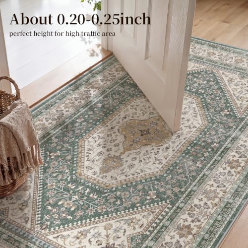 4x10 Washable Hallway Runner Rug - Non-Slip Wide Vintage Rugs Green Beige