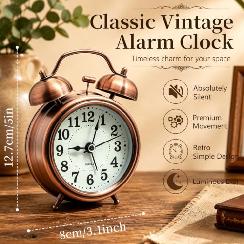 Loud Alarm Clock for Heavy Sleeper, Twin Bell Retro 3'' Silent Non-Ticking Mini Travel Quartz with Backlight, Luminous Dial, Battery Operated Mental Alarm Clock for Home Decoration Bedroom Bedside