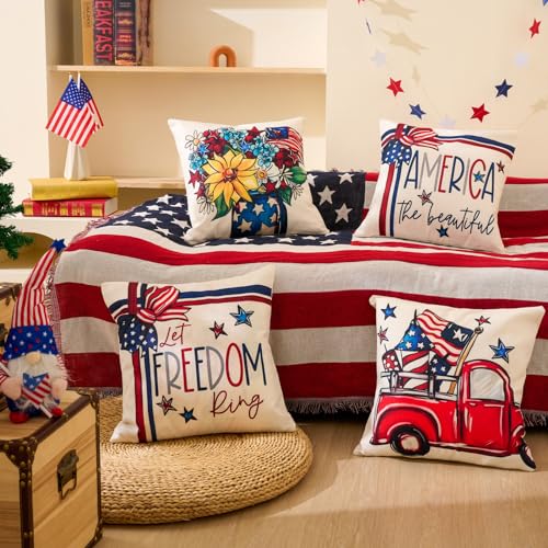 Hongsome 4th of July Decor-Throw Pillow Covers 18x18in Set of 4,Patriotic Linen Pillow Case for Independence Day,Memorial Day,Veteran's Day,USA,American Summer Outdoor Red White Blue Decorations
