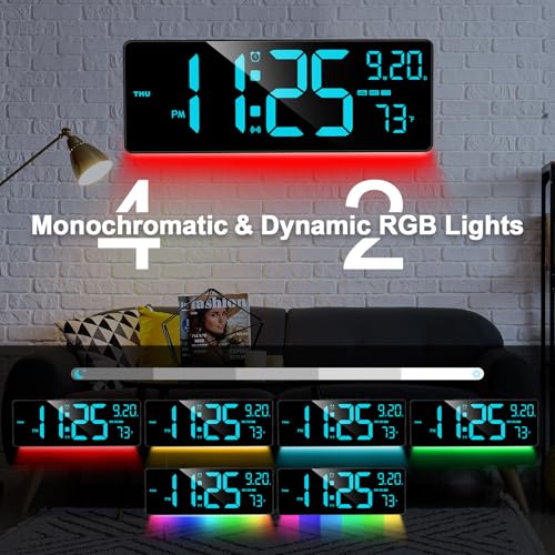 XREXS 16.3" Bluetooth Large Digital Wall Clock with Remote Control, Auto Time Sync, 6 Color Night Lights Adjustable Dimmer 10 RGB Color Changing Large Display for Home, Gym, Office and Classroom