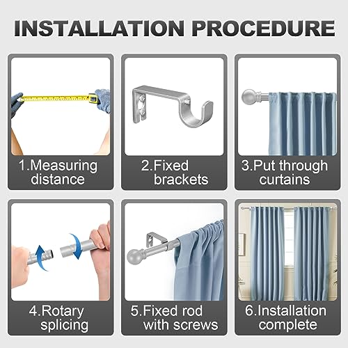 Silver Curtain Rods for Windows with Brackets,5/8 Inch Diameter Small Window Curtain Rod Adjustable 32 to 48 Inches,Easy Install Drapery Rods,Gray