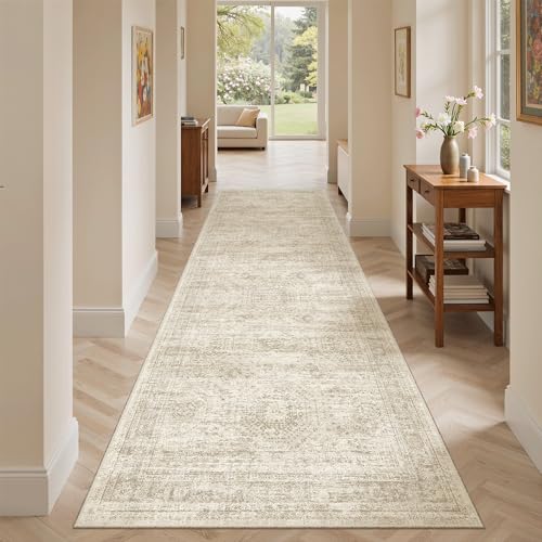 Soalmost Washable Runner Rug, 2'6" x 8' Non-Slip Kitchen Vintage Foldable Hallway Runners for Entryway, Laundry, Bedroom, Beige
