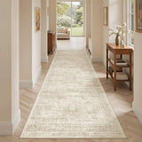 Soalmost Washable Runner Rug, 2'6" x 8' Non-Slip Kitchen Vintage Foldable Hallway Runners for Entryway, Laundry, Bedroom, Beige
