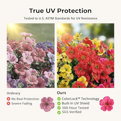 Auihiay 14 Bundles Outdoor Flowers UV Resistant, Real UV Resistant, Artificial Flowers for Outdoor, Faux Plants for Spring Summer Decoration, Porch Patio Yard Garden Window Box Pot Planters