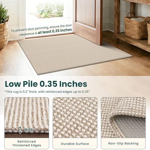 KOZYFLY Rugs for Entryway 3x5 ft Washable Area Rug Non Slip Rubber Backed Entry Rug Woven Indoor Door Mat Cotton Kitchen Rugs for Entryway, Foyer, Backdoor, Ivory/Camel/Brown