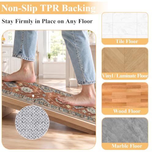 HEBE Boho Kitchen Rugs Set of 3, Non Slip Washable Kitchen Mats for Floor