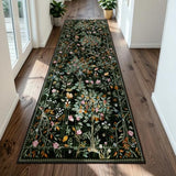 Floral Washable Runner Rug 2x8 Non Slip, Boho Flower Hallway Runner, Botanical Birds Indoor Ultra-Thin Soft Floor Carpet Runner for Kitchen Laundry Bath Room Entrance, Black