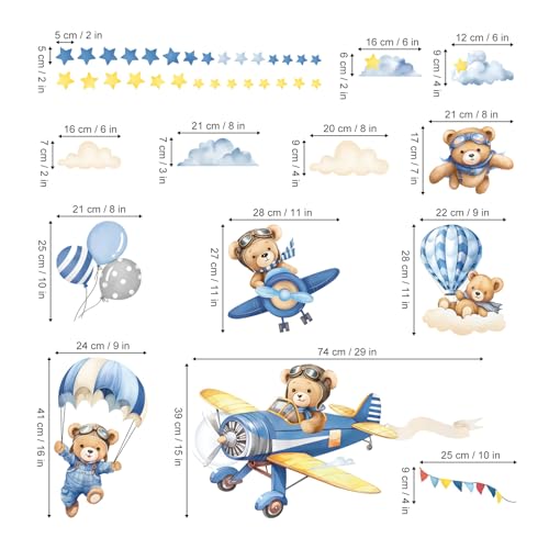 decalmile Airplane with Animals Wall Stickers Hot Air Balloon Bear Clouds Wall Decals Baby Nursery Kids Bedroom Living Room Wall Decor