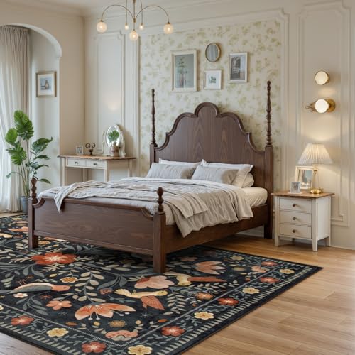 Washable 8x10 Area Rugs for Living Room Non Slip, Boho Botanical Soft Birds Bug Moody Rugs for Bedroom, Ultra-Thin Floral Flower Throw Carpet for Classroom Home Office Dorm Room, Black/Multi