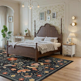 Washable 8x10 Area Rugs for Living Room Non Slip, Boho Botanical Soft Birds Bug Moody Rugs for Bedroom, Ultra-Thin Floral Flower Throw Carpet for Classroom Home Office Dorm Room, Black/Multi
