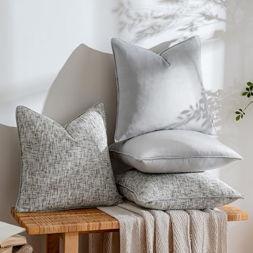 a moment Grey 4 Pack Throw Pillow Covers - Chenille & Velvet Set with Piping, Farmhouse Textured Design Pillow Cases for Couch Sofa Bed Livingroom (20x20 Inch, No Insert)